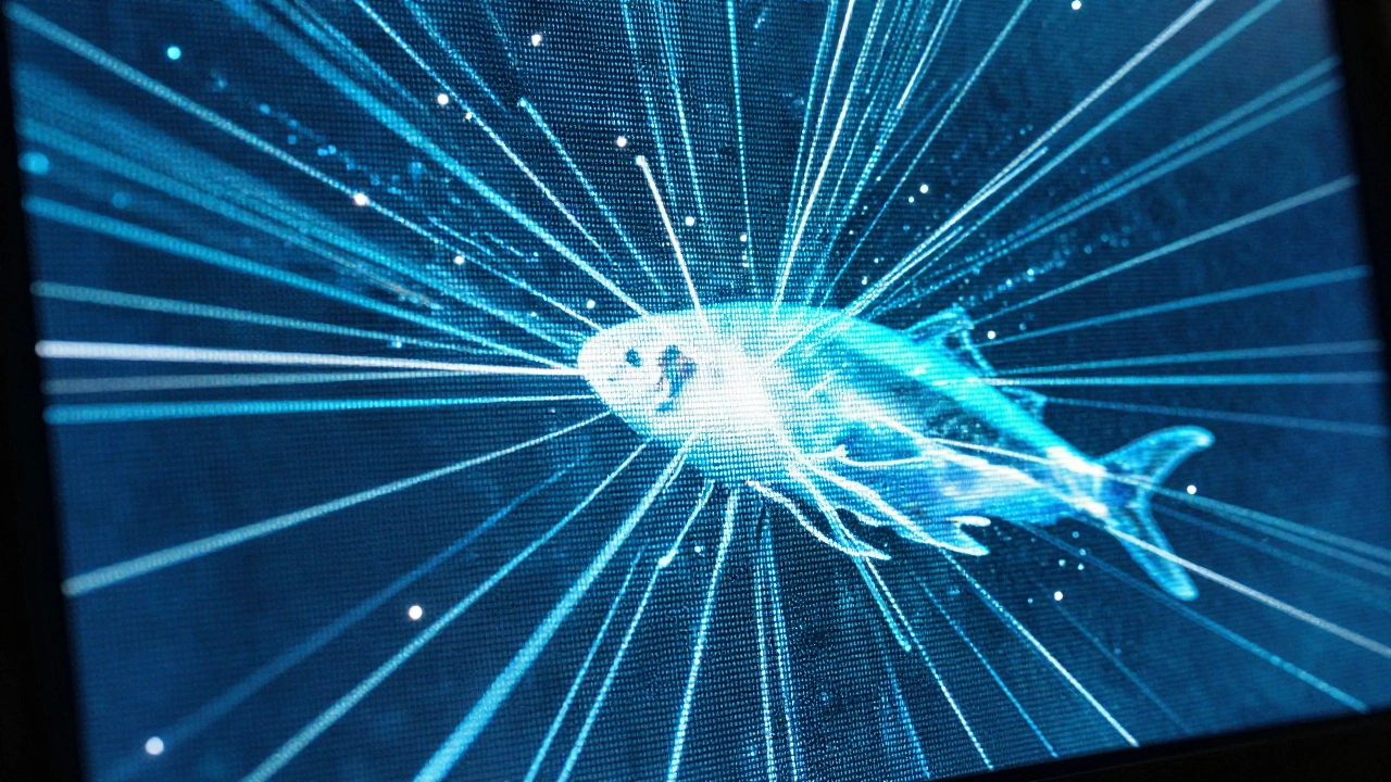 Close-up of a light-field display screen showing a volumetric deep-sea creature.