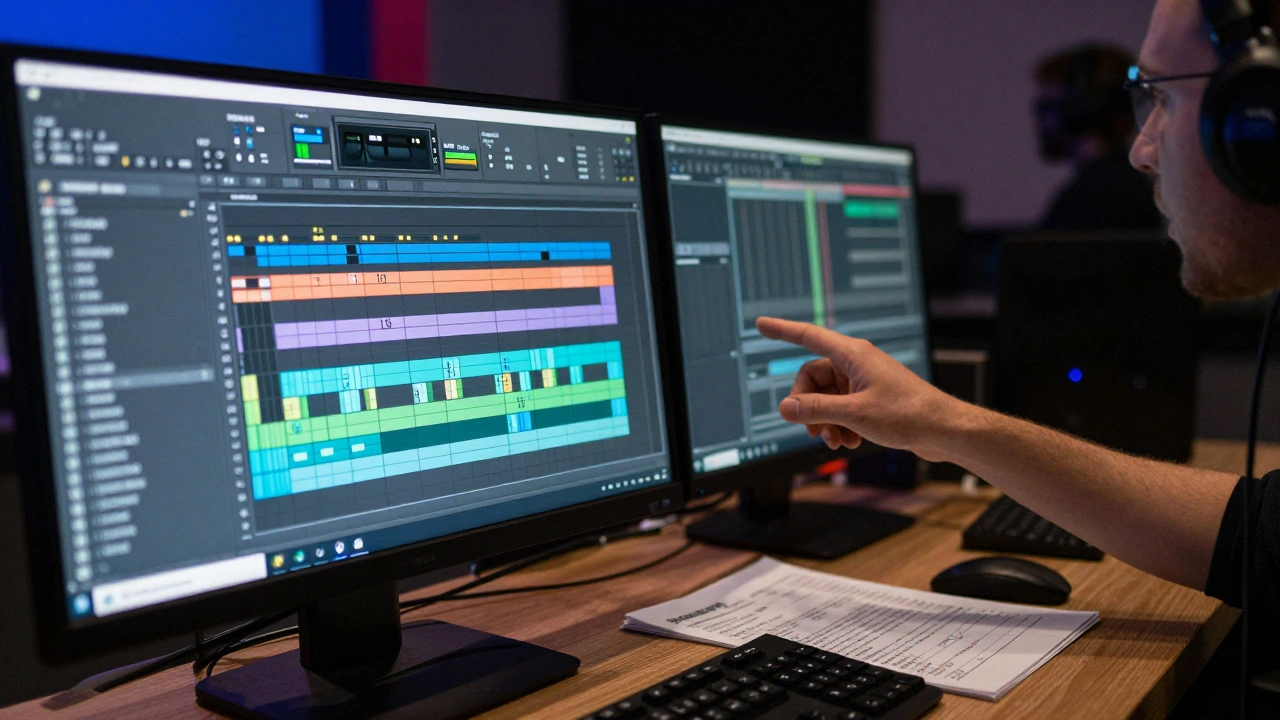 Close-up of a music editor's monitor showing a digital timeline and a handwritten spotting list