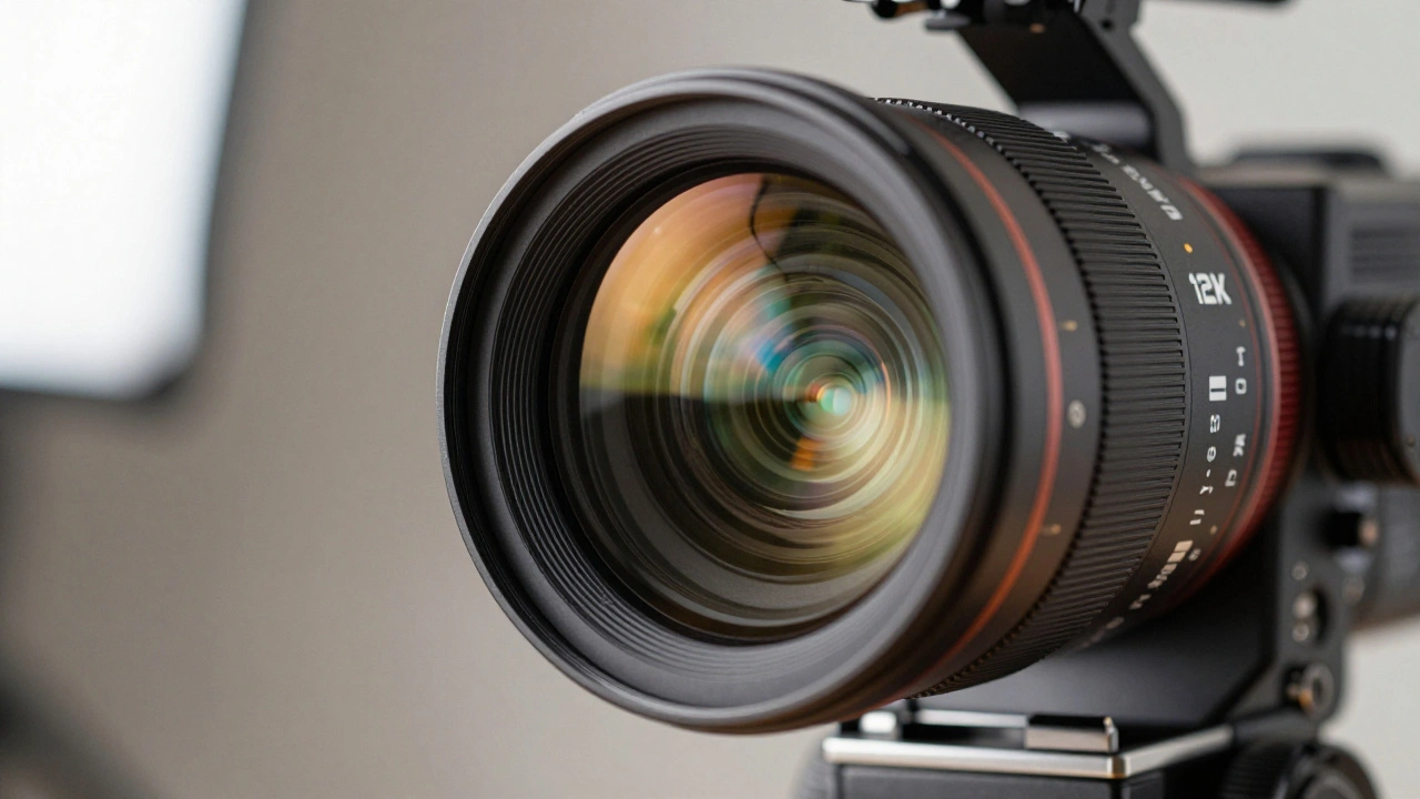 Close-up of a professional IMAX camera lens reflecting a vast, detailed landscape