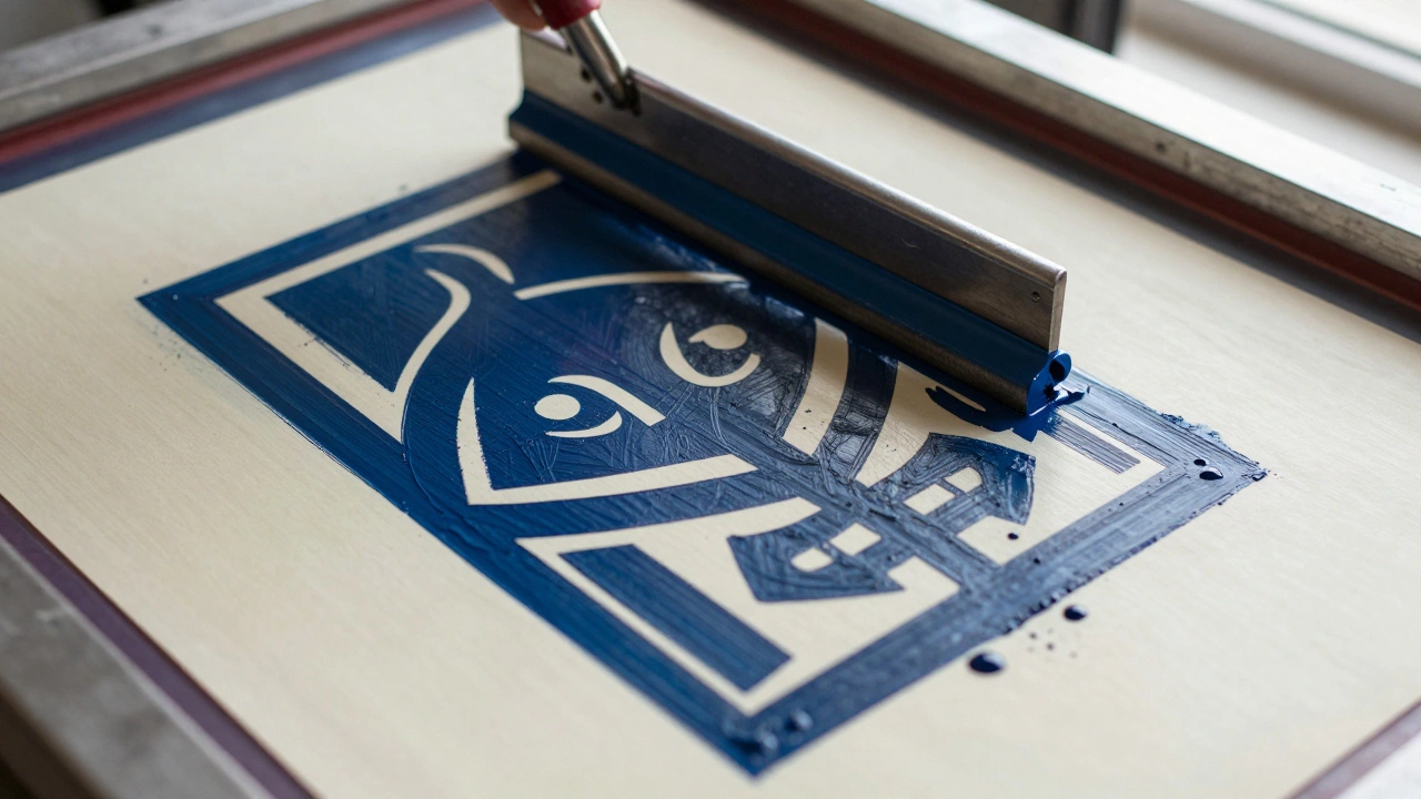 Close-up of a screen printing squeegee applying vibrant ink to heavy archival paper