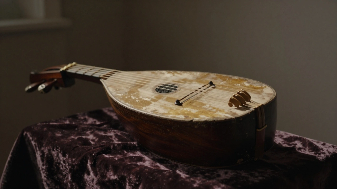 Close-up of a traditional world instrument illuminated by a soft beam of light in a dark room.