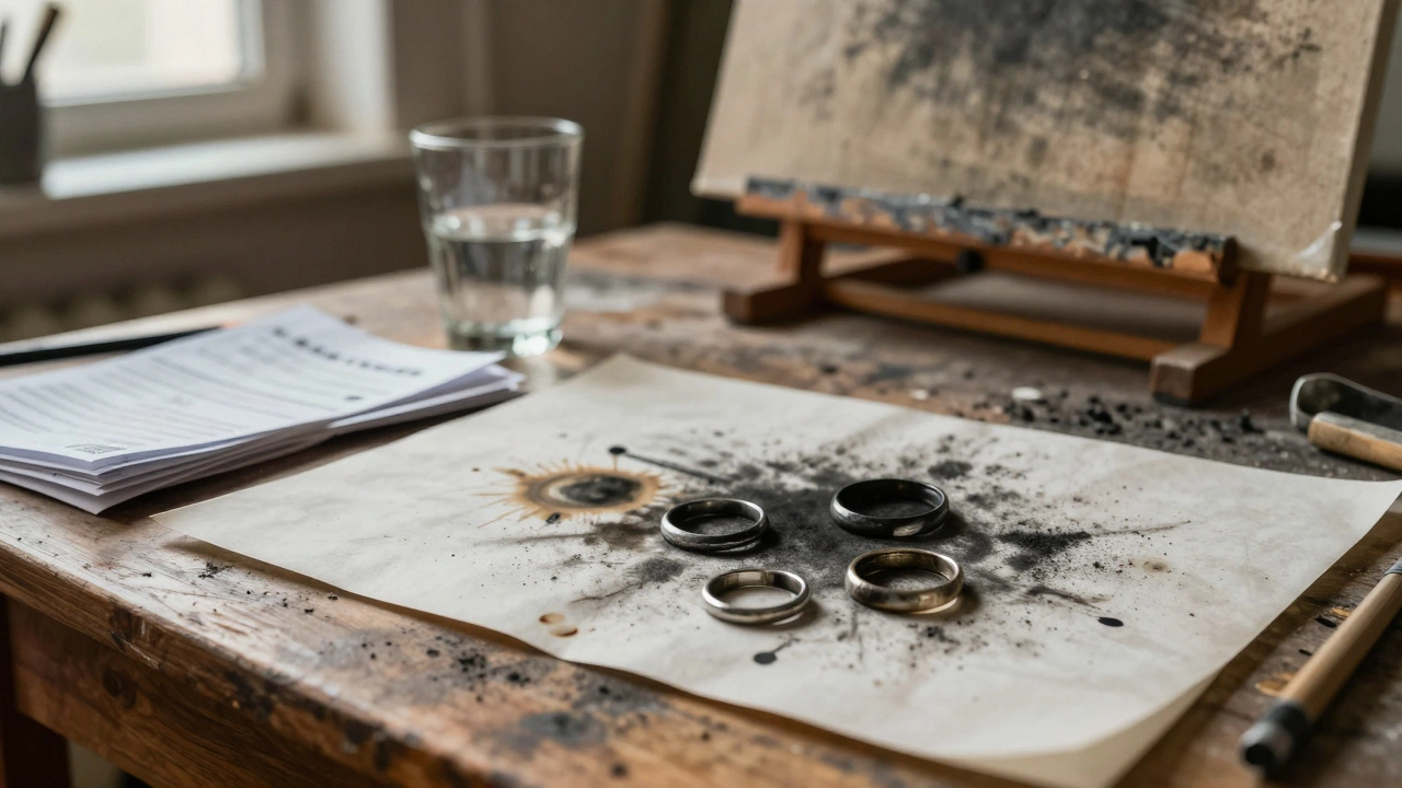 Close-up of an artist's desk with coffee stains, charcoal dust, and unpaid bills.