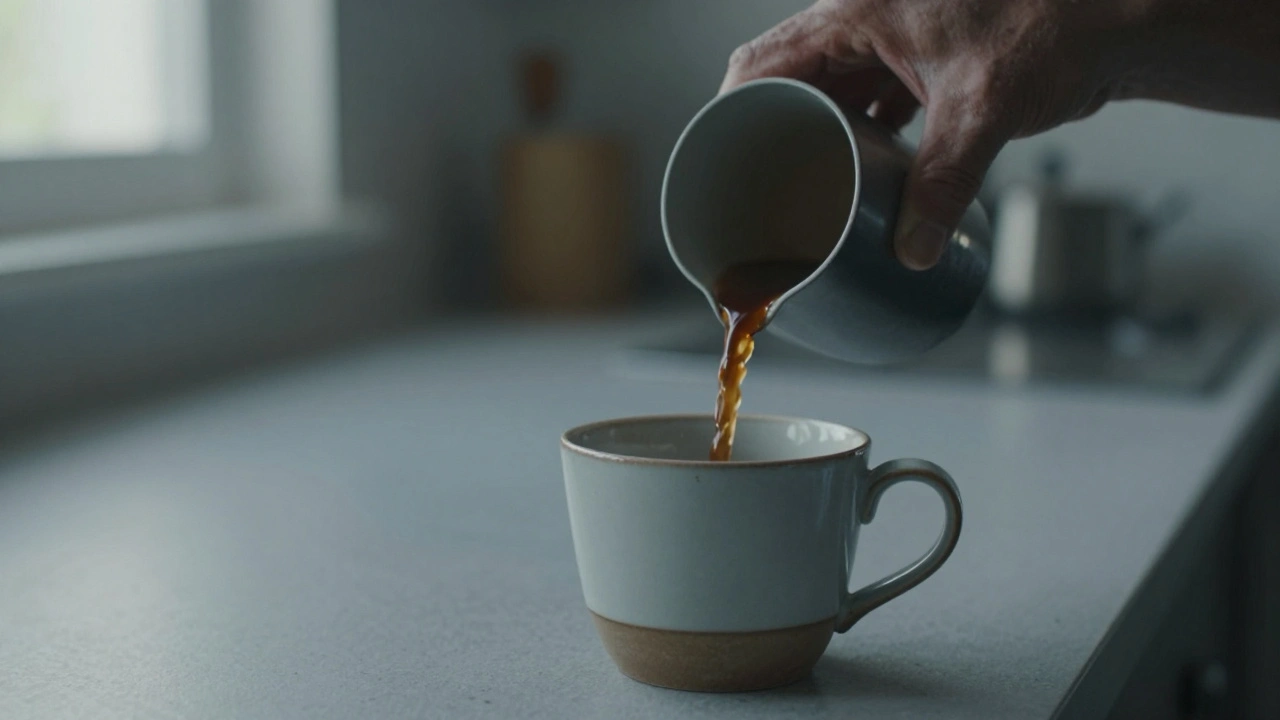 Close-up of coffee being poured into a mug in a quiet, lonely kitchen setting