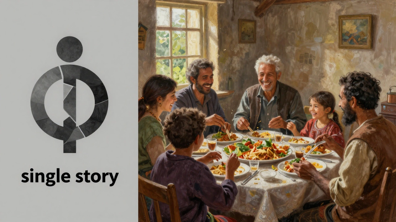 Comparison between a cold religious stereotype and a warm, authentic family religious feast