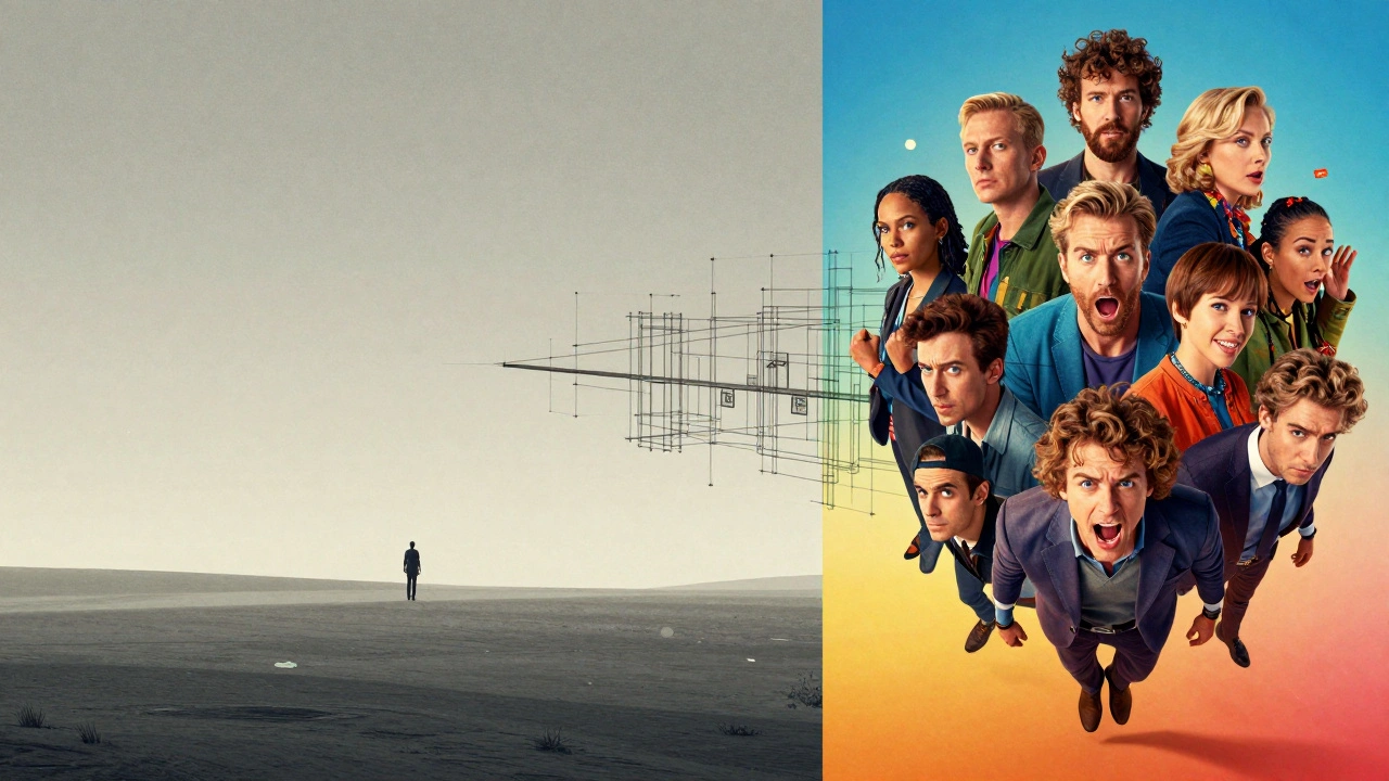Comparison between a minimalist landscape movie poster and a commercial cast-heavy poster.