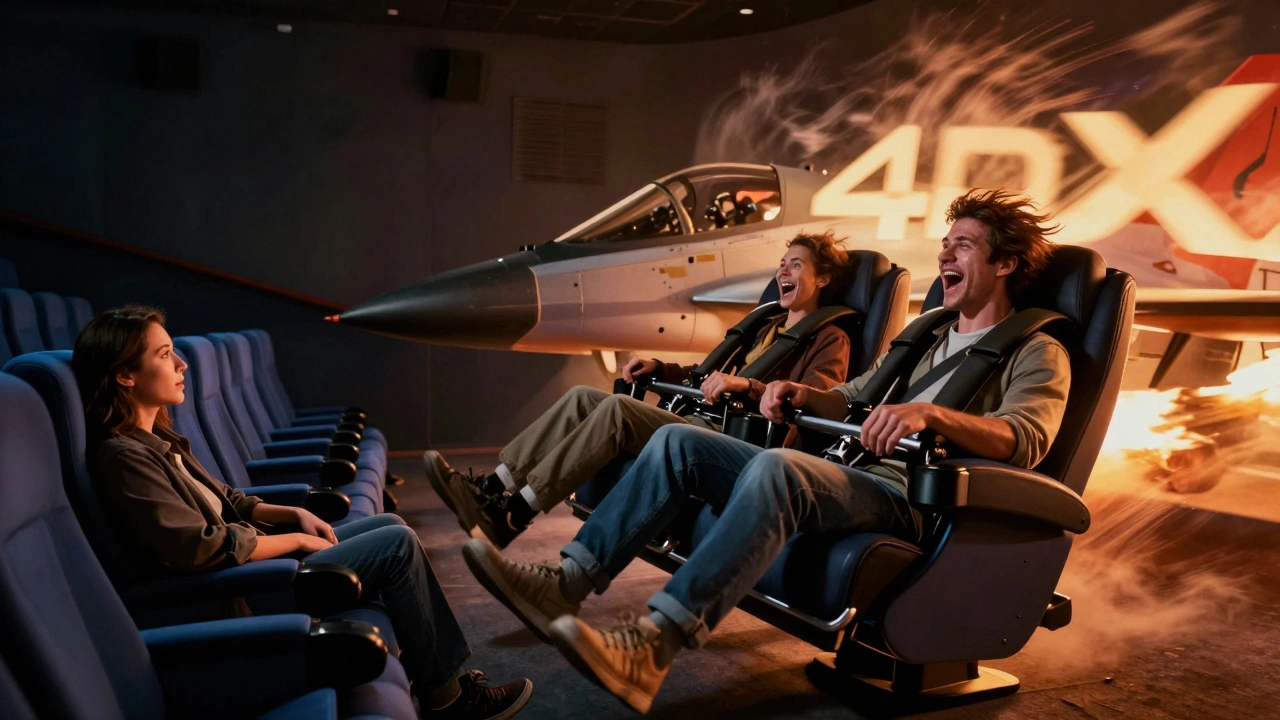 Comparison between a static traditional movie seat and an adrenaline-filled 4DX motion experience.