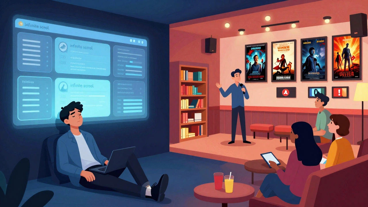 Comparison between digital streaming fatigue and a vibrant art-house cinema lobby