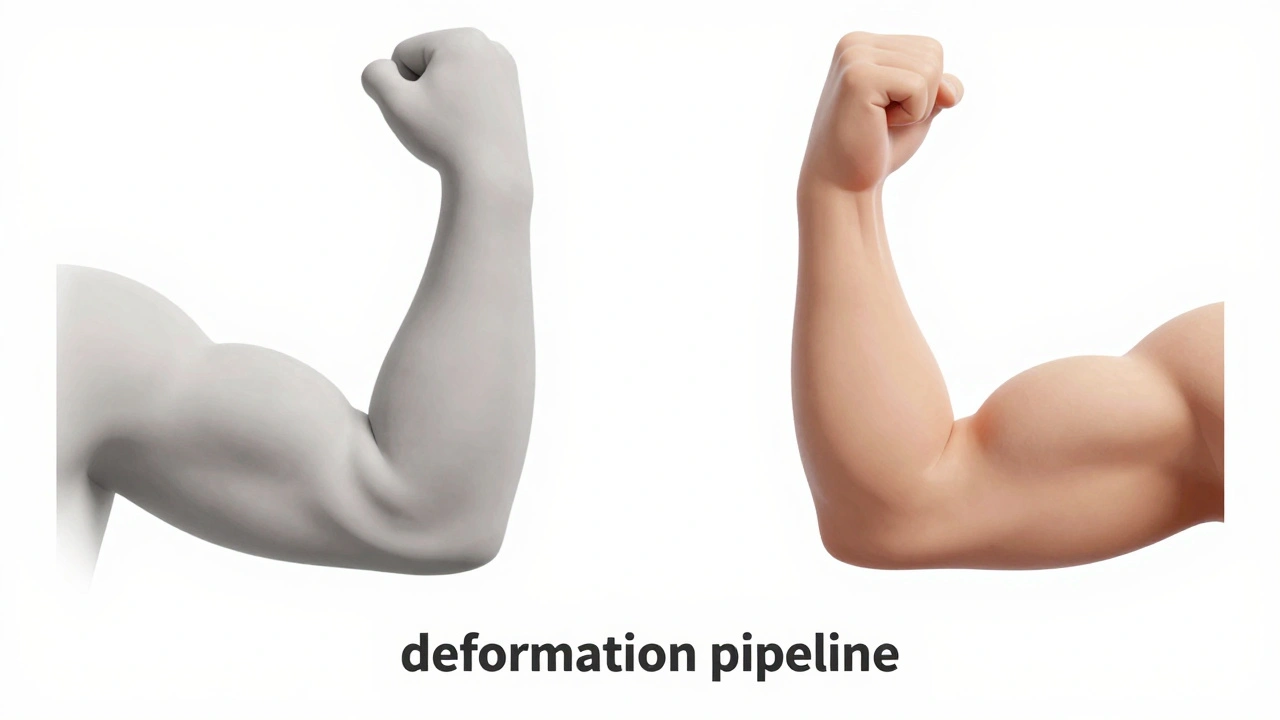 Comparison of a collapsing joint versus a corrected, natural muscle bulge during 3D skinning.
