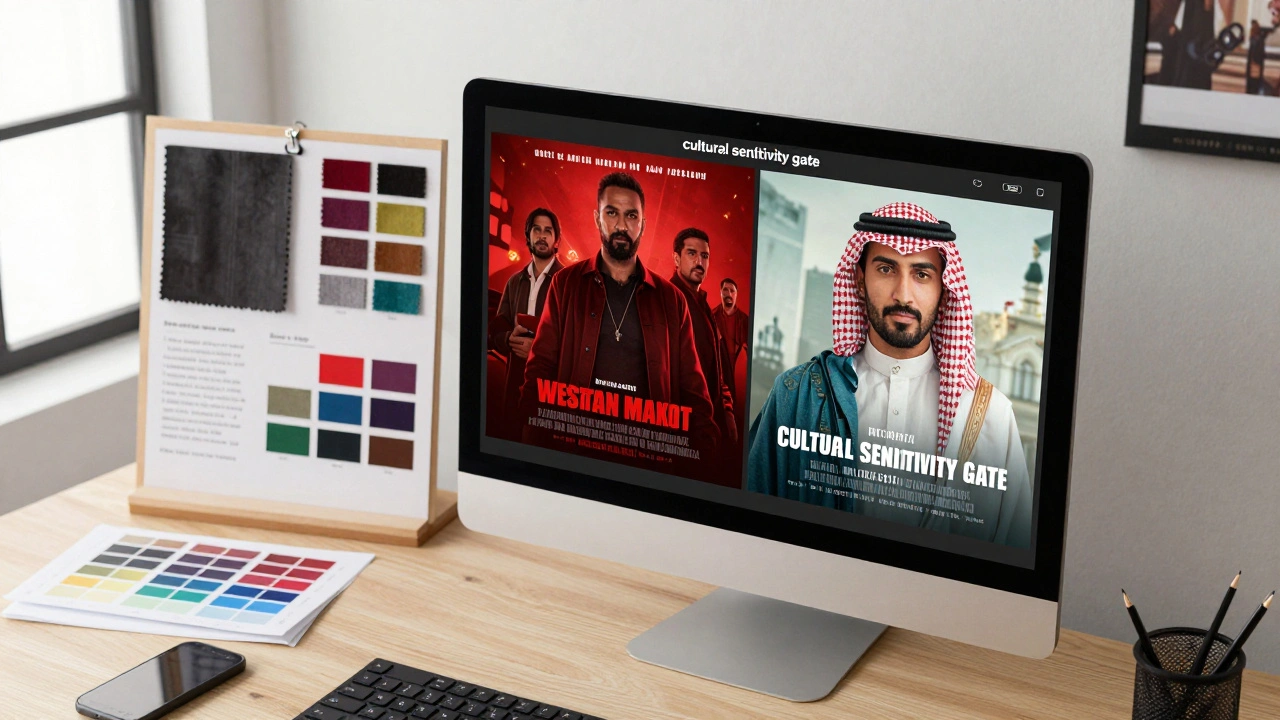 Comparison of two localized movie posters on a studio monitor with cultural mood boards