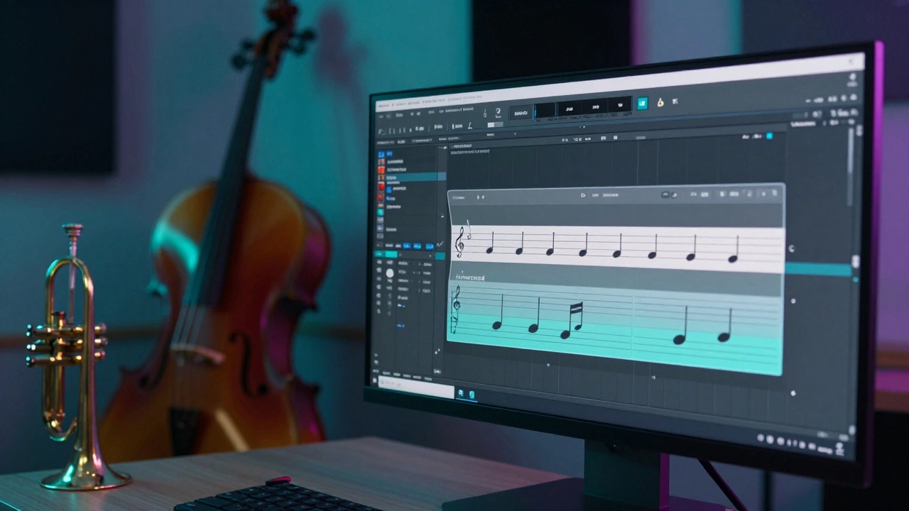 Composer's studio screen showing musical themes being inverted and merged