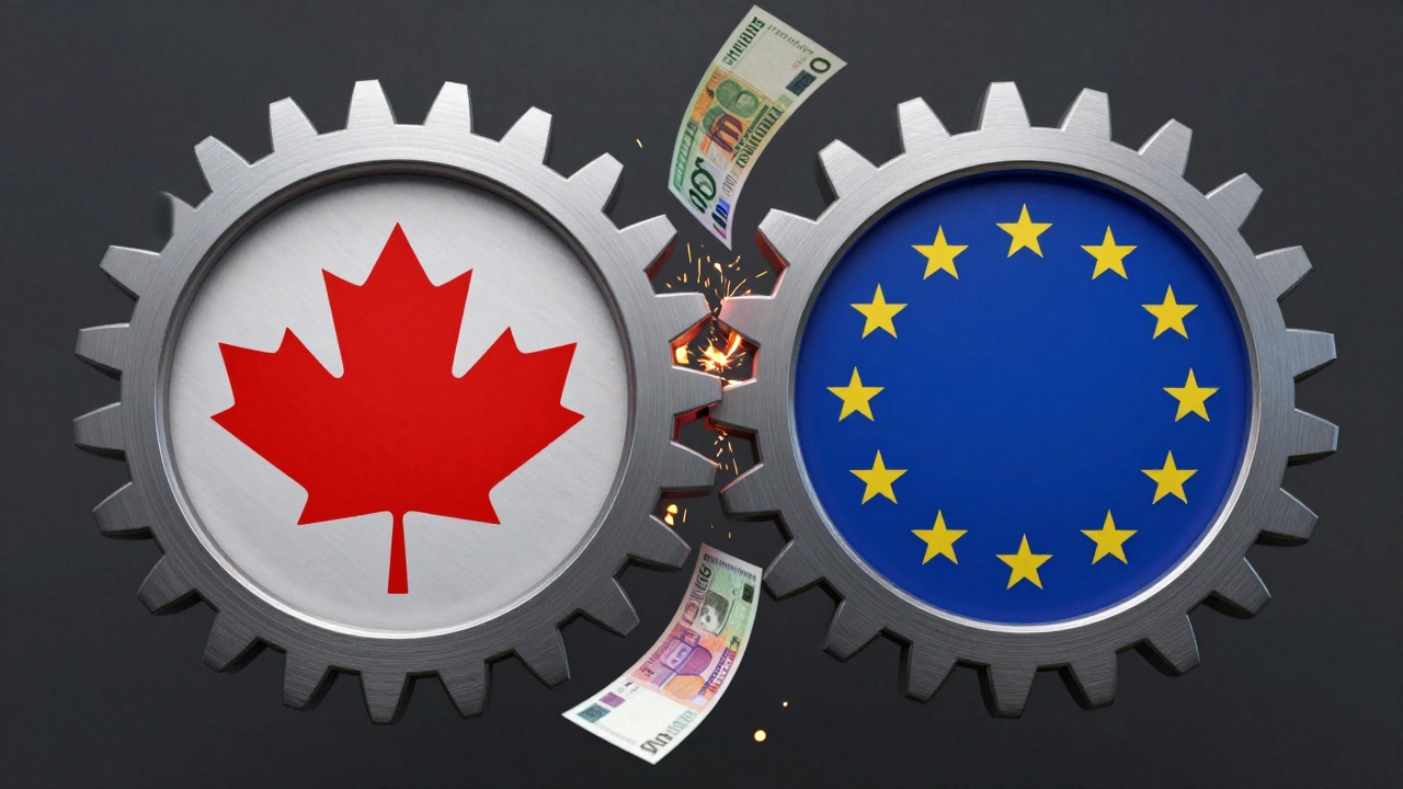Conceptual 3D art of Canadian and European gears clashing with floating currency.