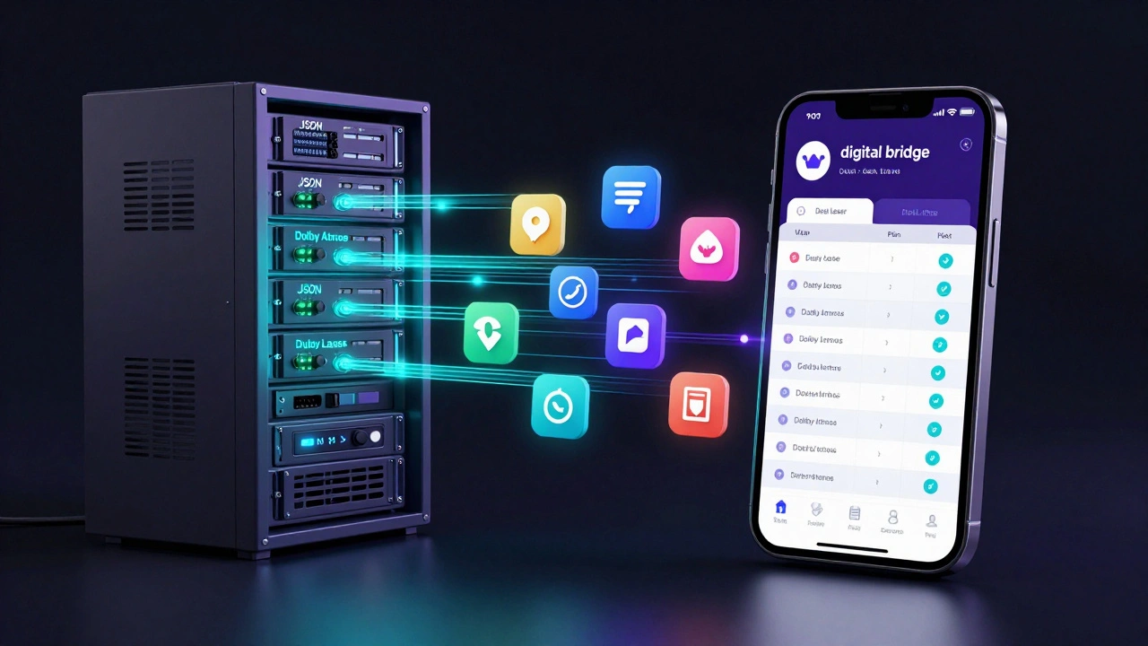 Conceptual 3D render of data streaming from a server to a smartphone as cinema badges