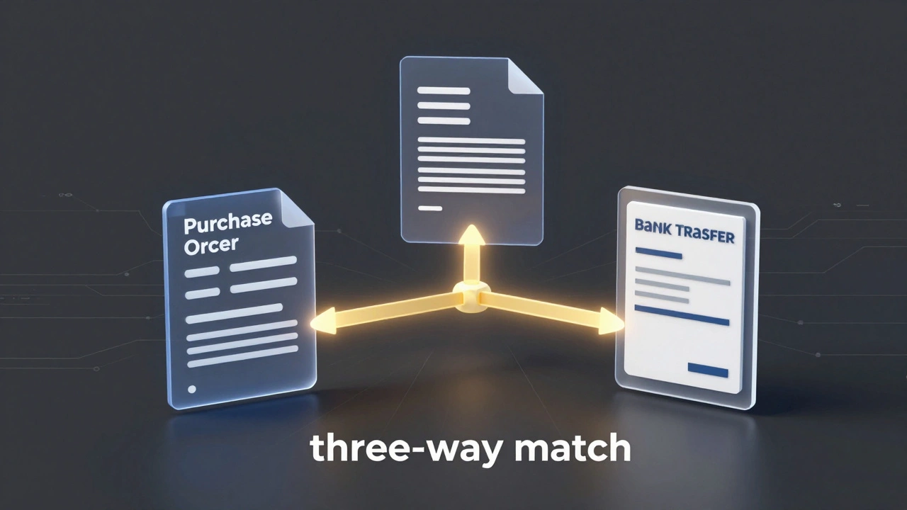 Conceptual 3D visualization of a three-way match with three connected financial documents