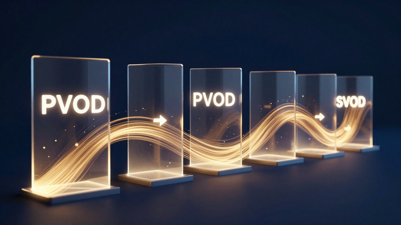 Conceptual 3D visualization of the digital film distribution timeline