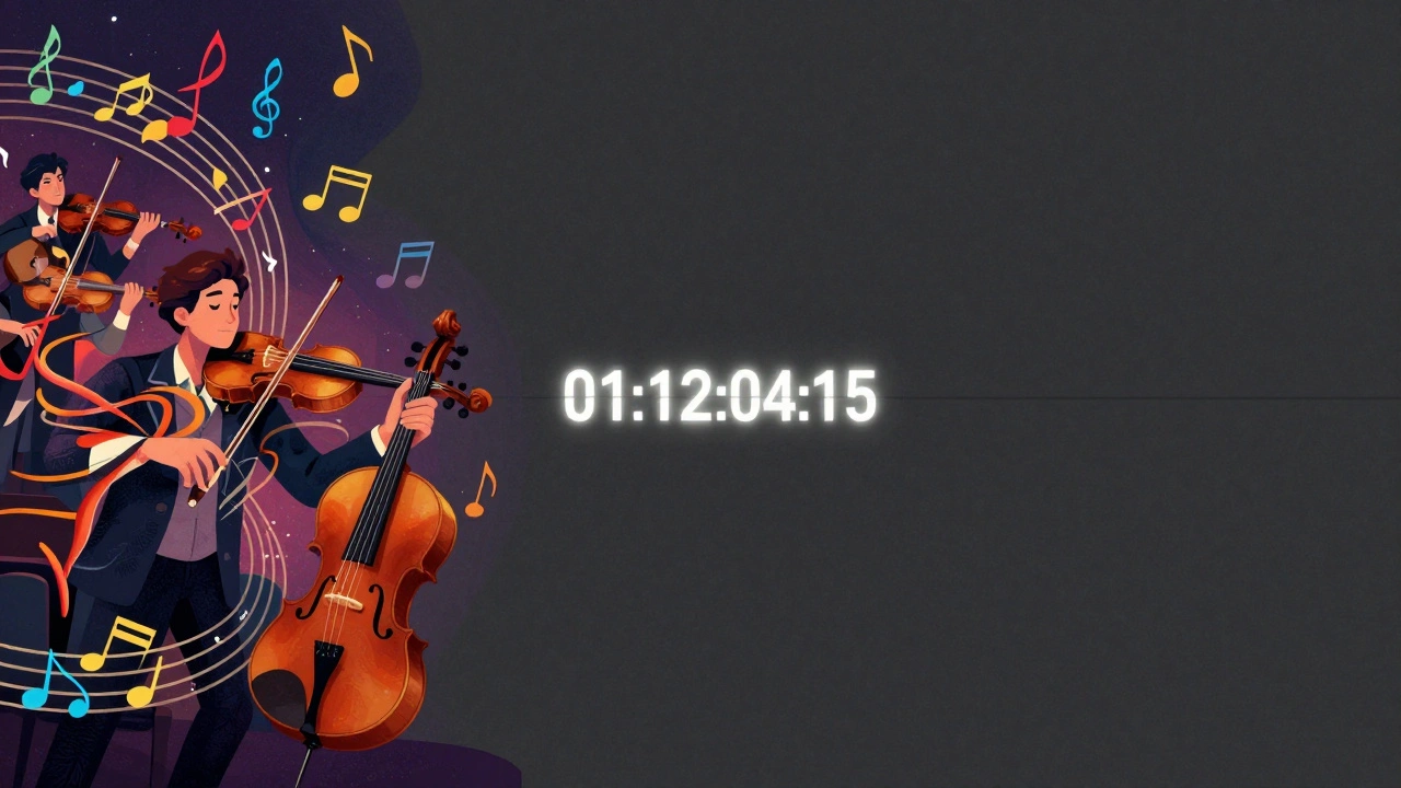 Conceptual art contrasting vibrant musical notes with a silent grey void divided by a timecode