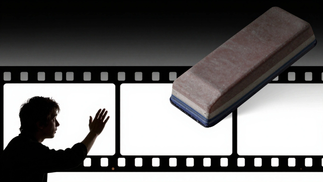 Conceptual art of a film strip with the ending being erased by a giant eraser