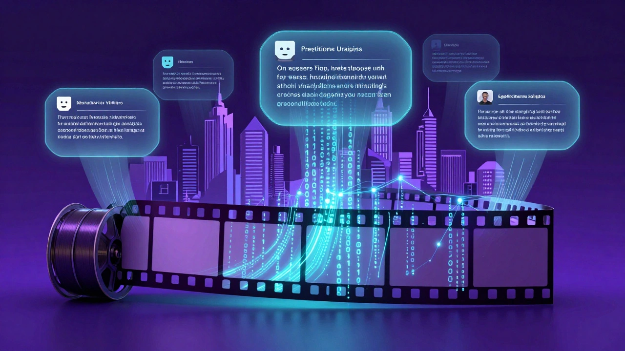 Conceptual art of film reel dissolving into digital network streams.
