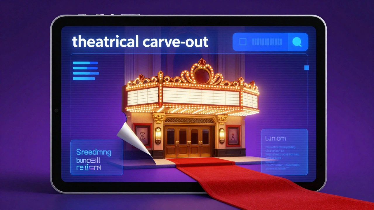 Conceptual art showing a movie theater entrance emerging from a streaming app screen