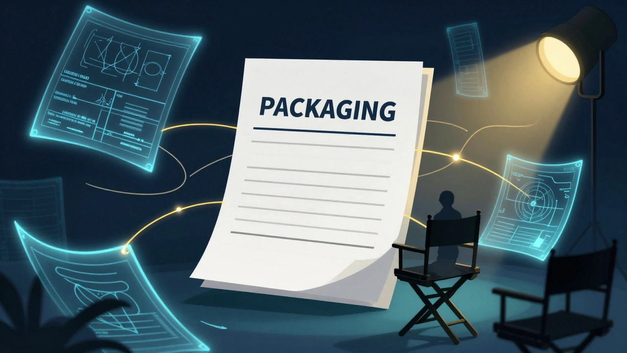 Conceptual art showing a script connected by glowing gold threads to film production elements.