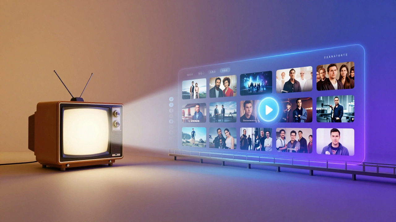 Conceptual art showing the transition from a vintage television to a modern streaming interface.