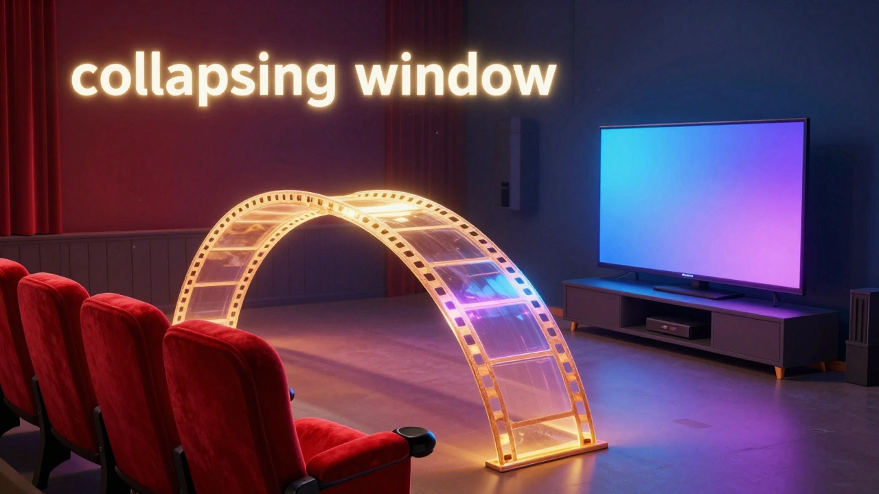 Conceptual bridge connecting a cinema seat to a home streaming setup via a film strip.