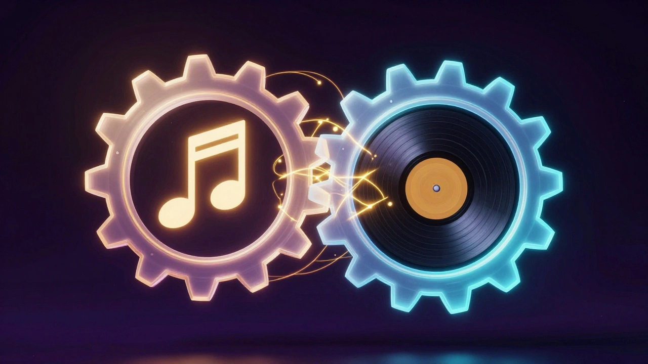 Conceptual glowing gears representing sync and master music licenses