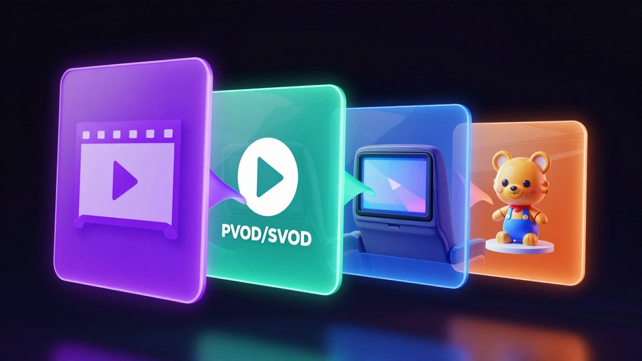 Conceptual glowing panels representing the transition of a movie from theaters to streaming and licensing.