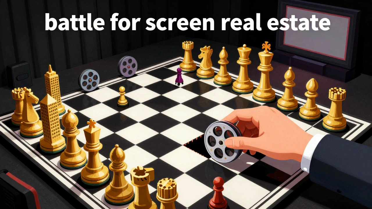 Conceptual illustration of a chessboard where cinema screens represent real estate