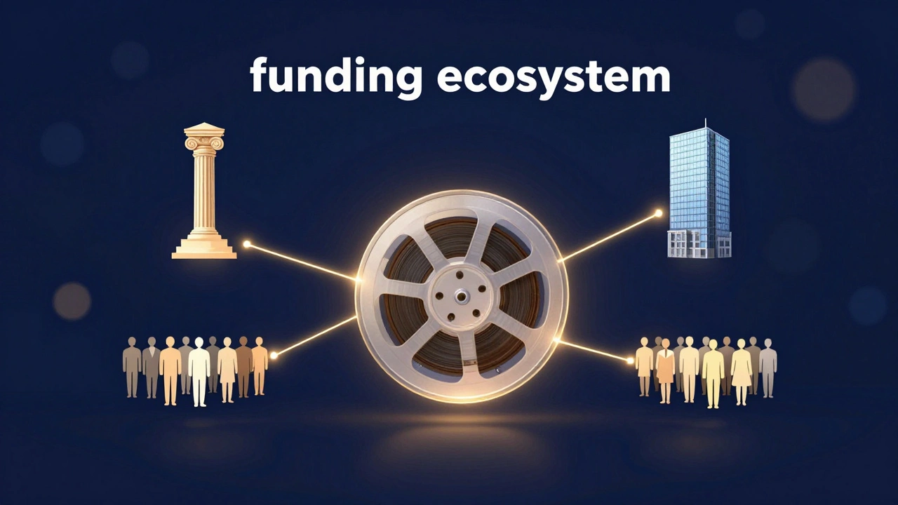 Conceptual illustration of a film reel connected to government, corporate, and community funding sources.