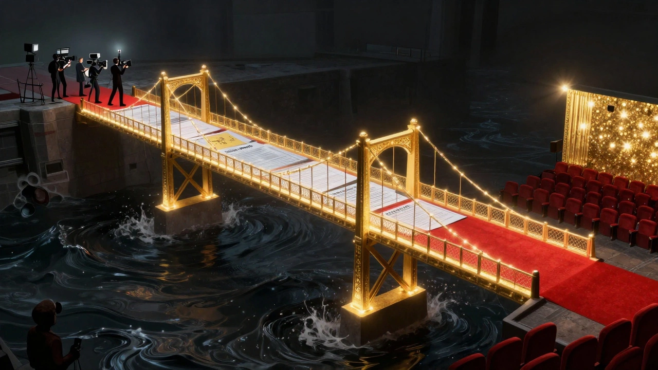 Conceptual illustration of a golden bridge made of contracts connecting a film set to a movie premiere.