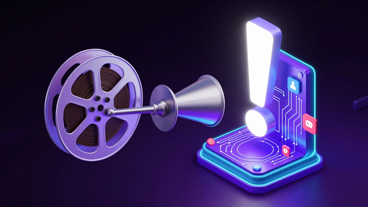 Conceptual illustration of a machine turning a detailed film reel into a glowing exclamation mark.