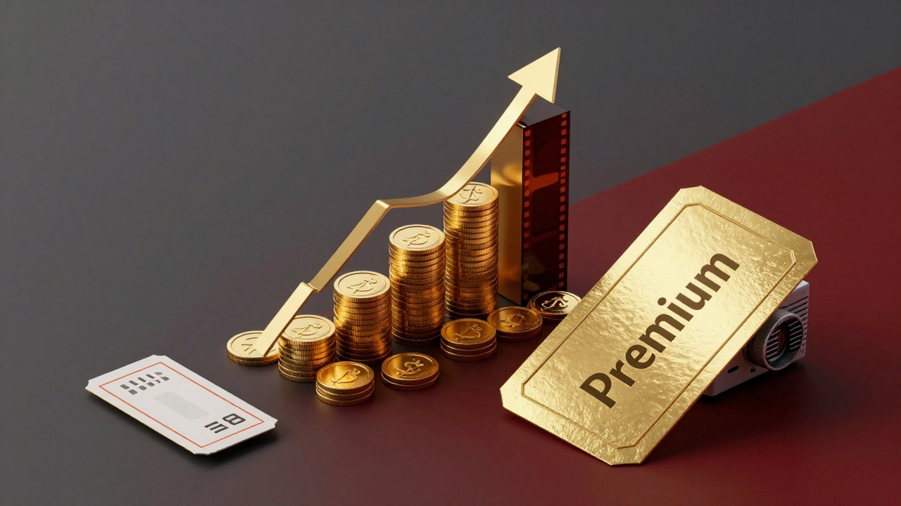 Conceptual image of a golden premium movie ticket and rising gold coins symbolizing increased revenue