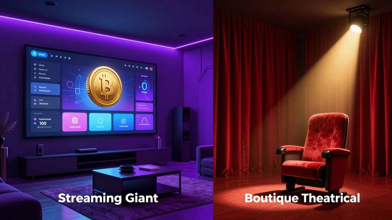 Conceptual split image showing a home streaming setup versus a classic cinema theater