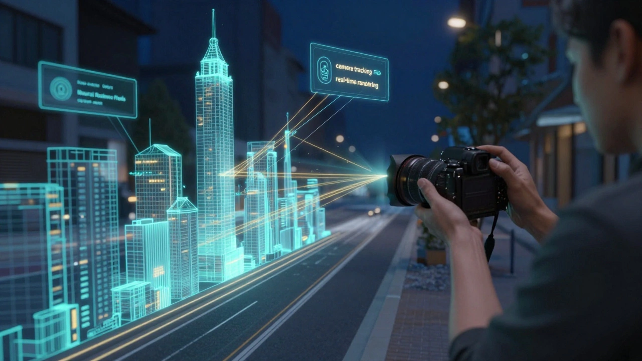 Conceptual visualization of 3D wireframes and data streams overlaying a real film location.