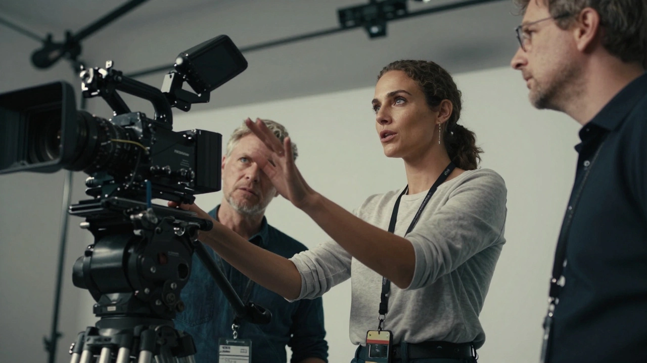 Confident woman cinematographer directing a crew on a cinematic film set