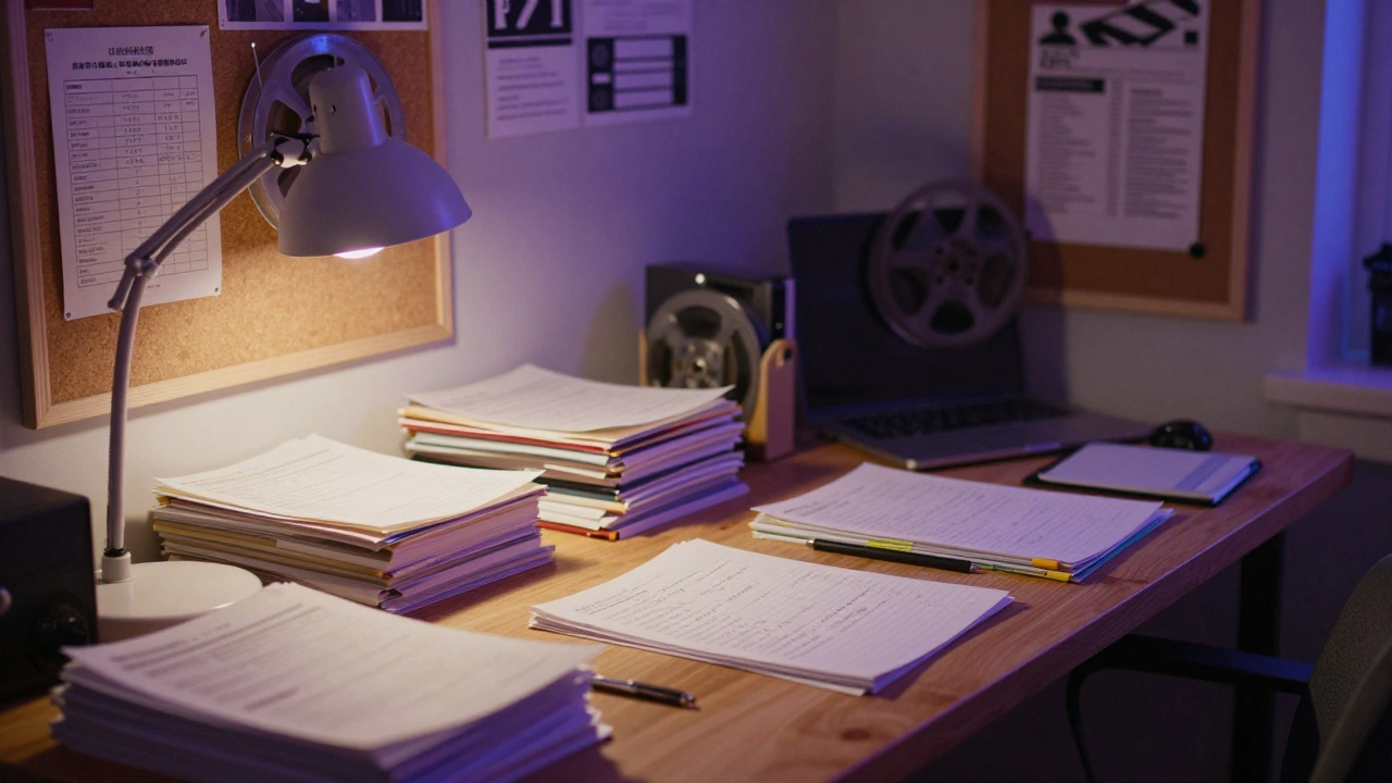 Creator workspace with research materials and ambient lighting at night