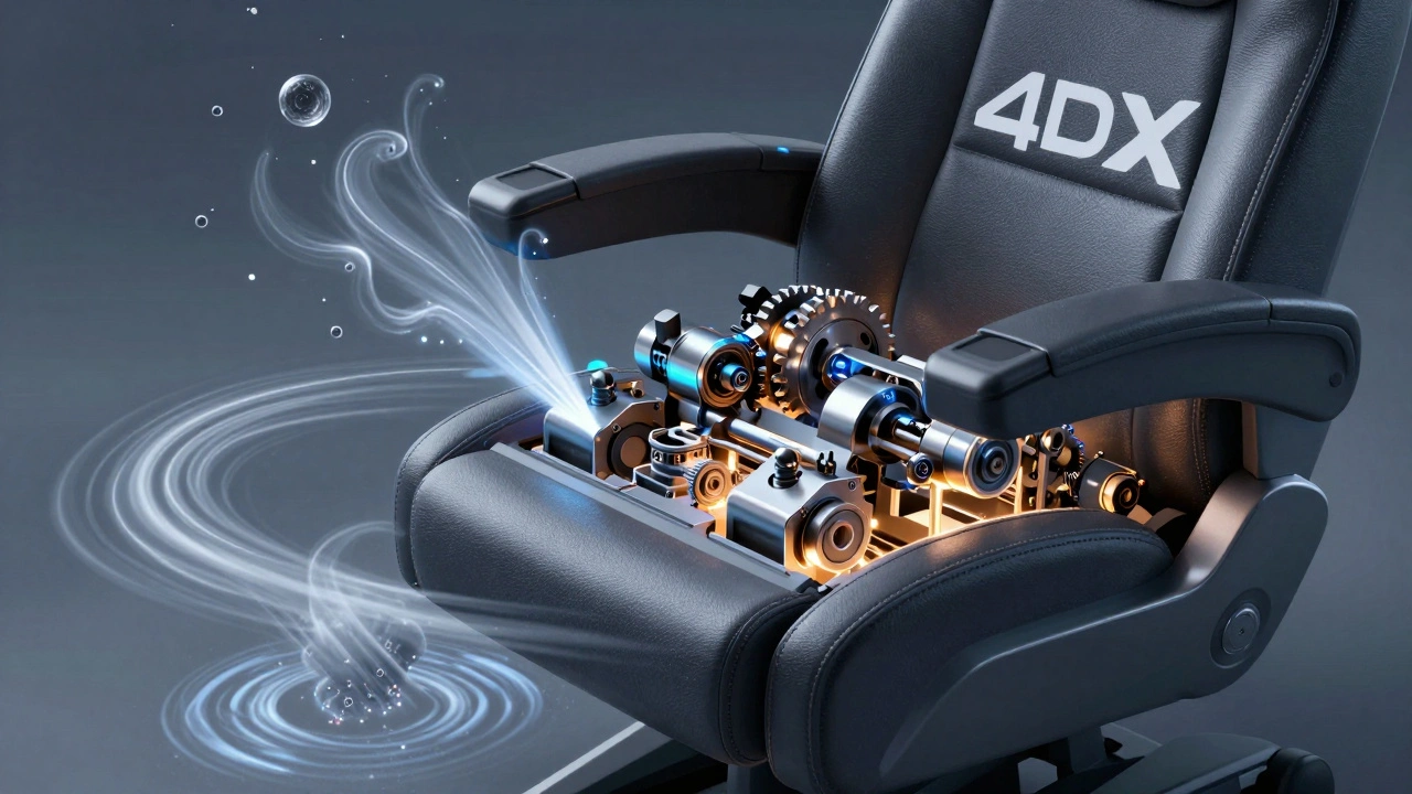 Cutaway illustration of robotic 4DX seat machinery with abstract wind and scent effects.