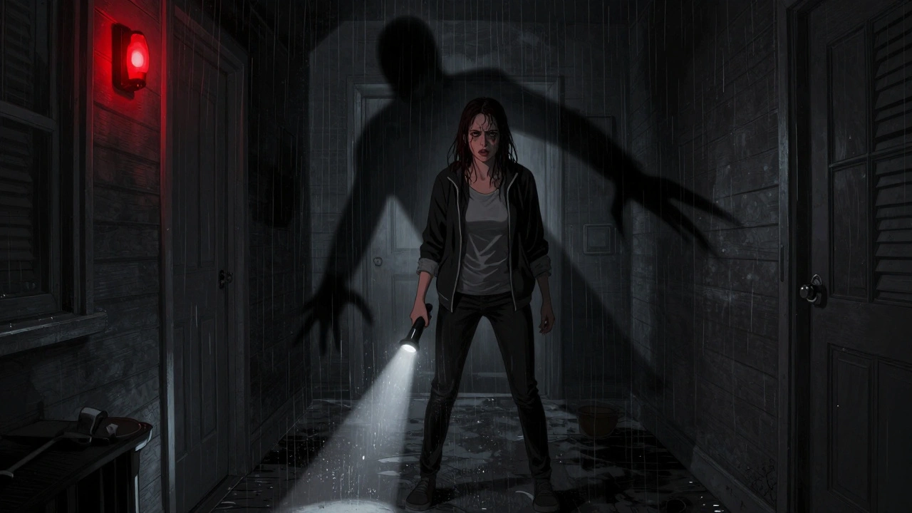 Determined Final Girl facing a killer's shadow in a dark hallway