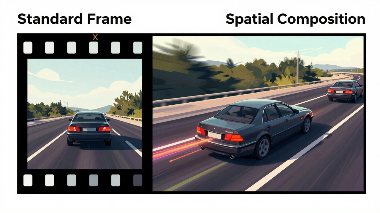 Diagram illustrating the difference between a traditional movie frame and a wrap-around spatial composition
