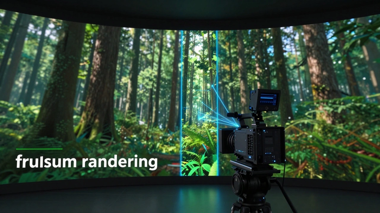 Diagram of frustum rendering on an LED wall with a cinema camera tracking the high-res slice