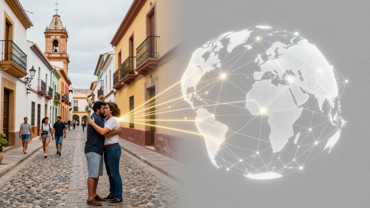 Digital art showing a Spanish street scene connected to a global network by a golden thread.
