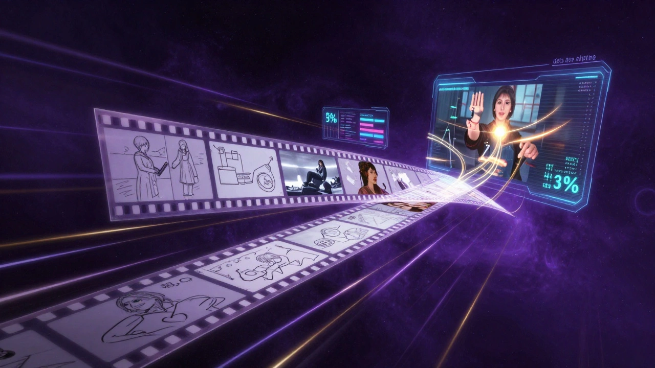 Digital art showing film strips evolving into cinematic scenes through holographic data metrics.