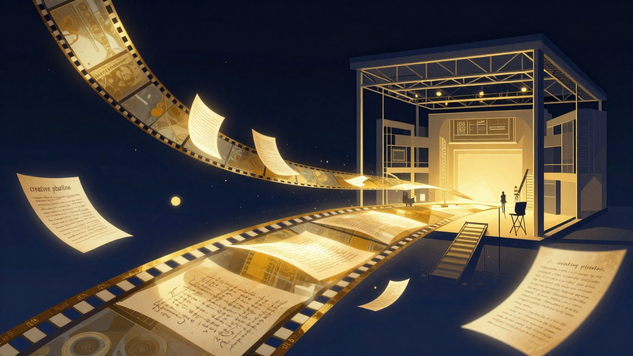 Digital art showing ideas and scripts flowing into a large movie studio building.