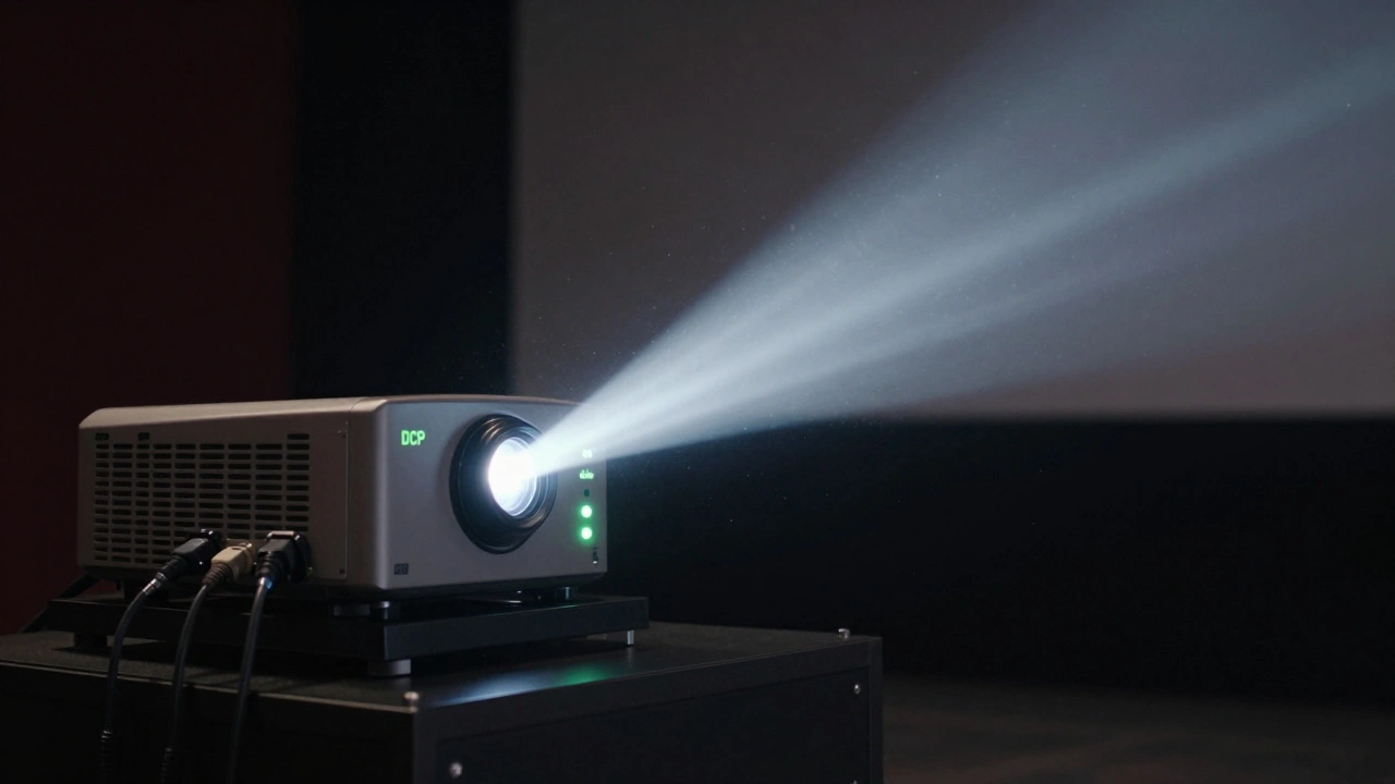 Digital cinema projector in a booth casting a bright beam of light toward a screen
