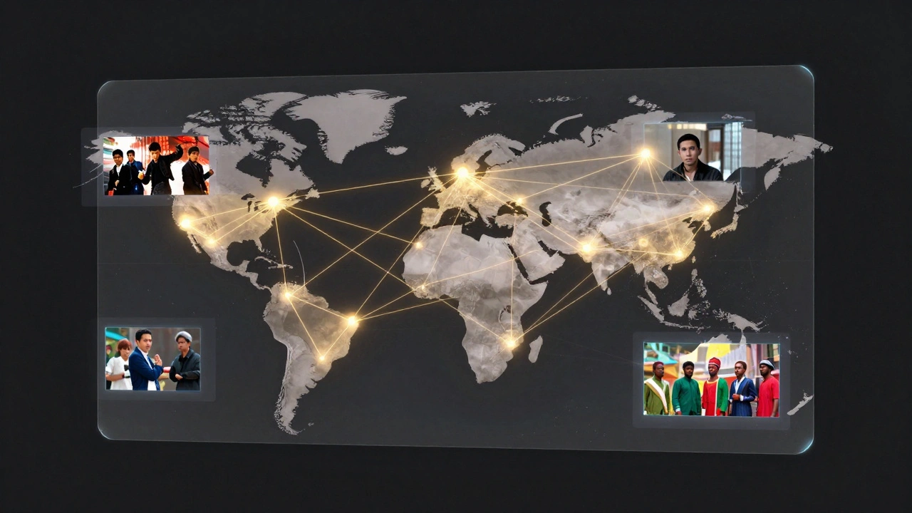 Digital network map connecting various cinematic styles through glowing holographic nodes