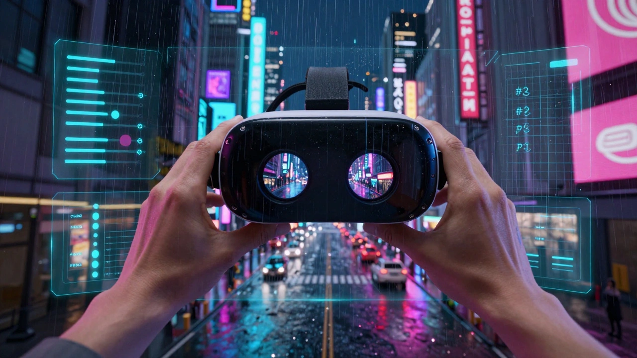 Director using a VR headset to virtually scout and design a neon Tokyo digital set