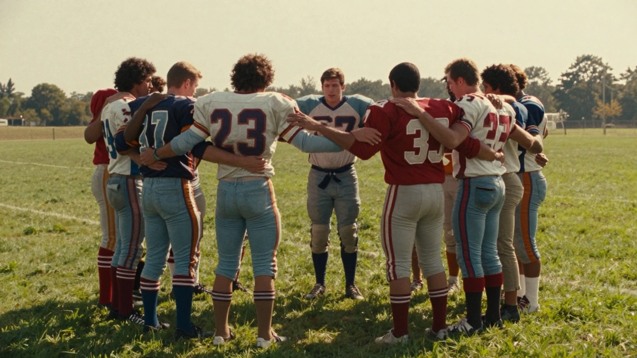 Diverse football players in vintage uniforms embracing in a circle of unity.
