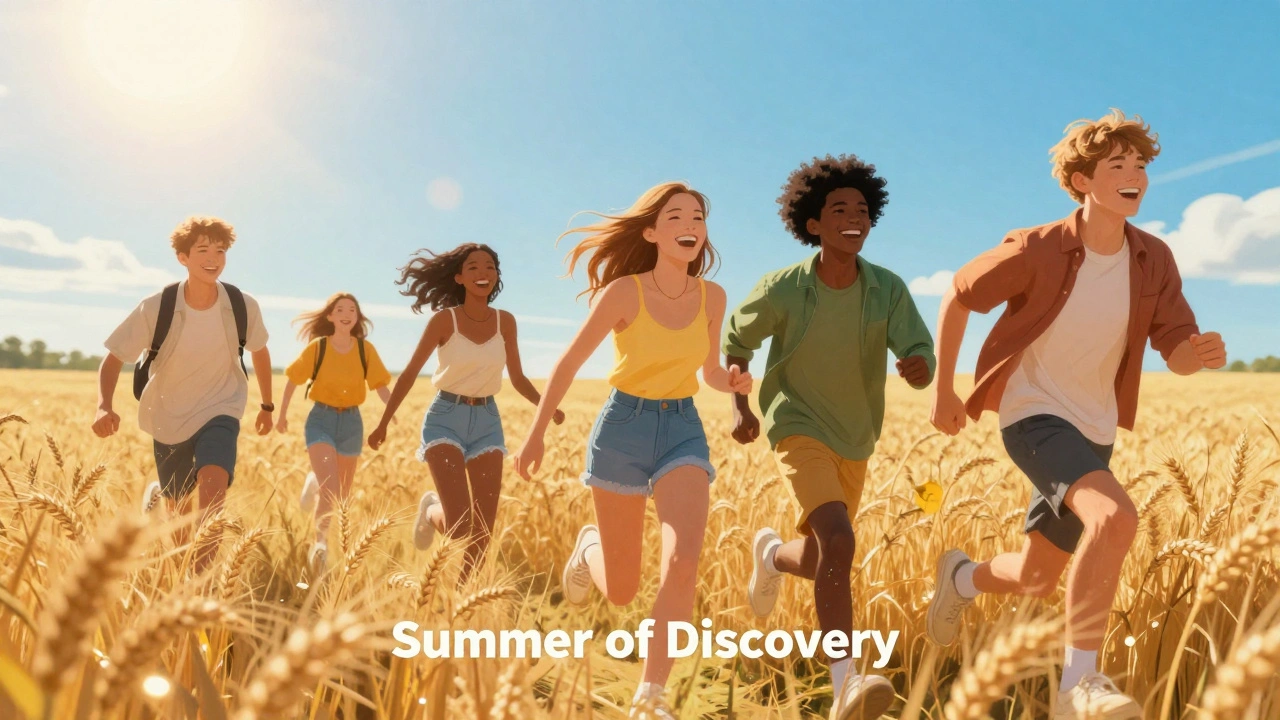 Diverse teenagers running through a sun-drenched golden field in a nostalgic summer scene.