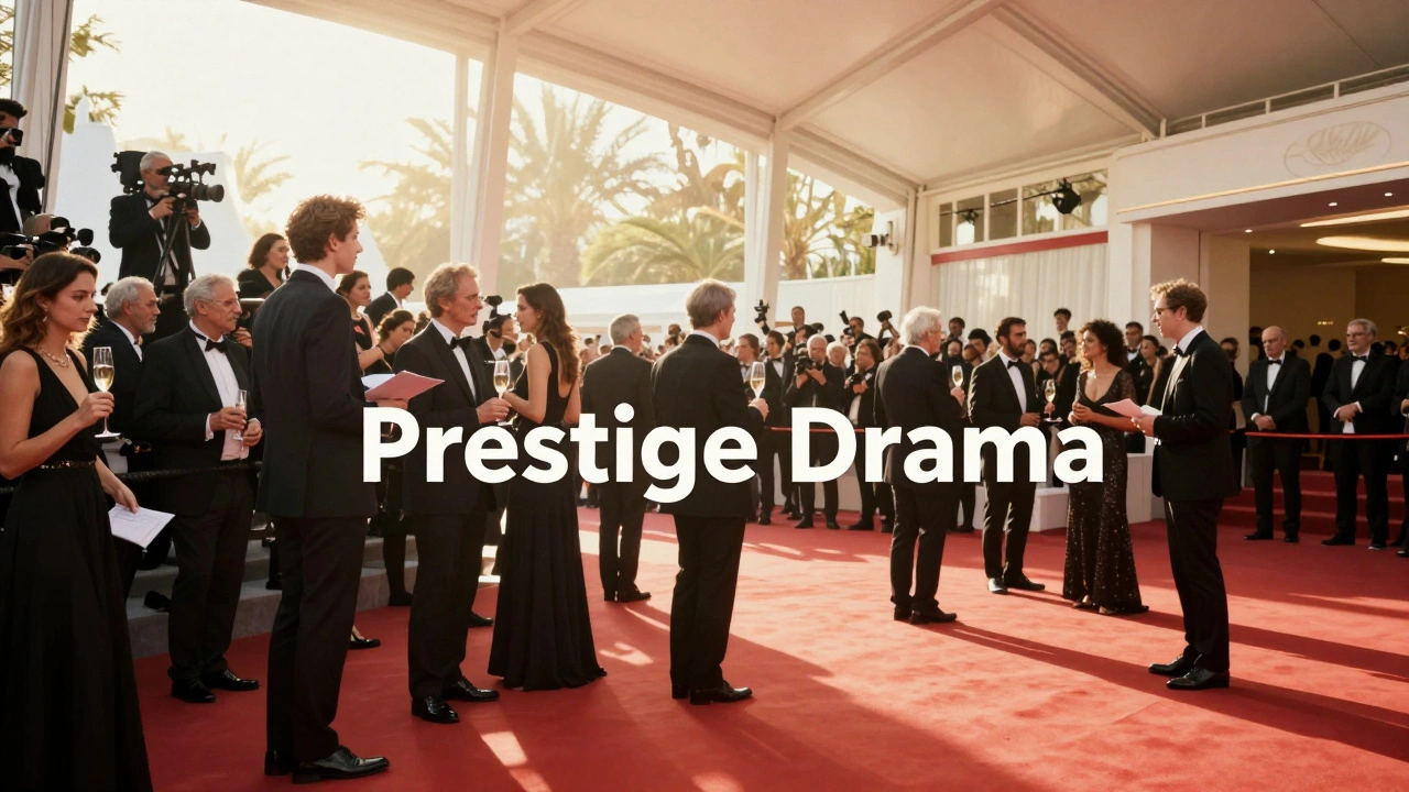 Elegant critics and guests at a high-end film festival premiere with a red carpet.