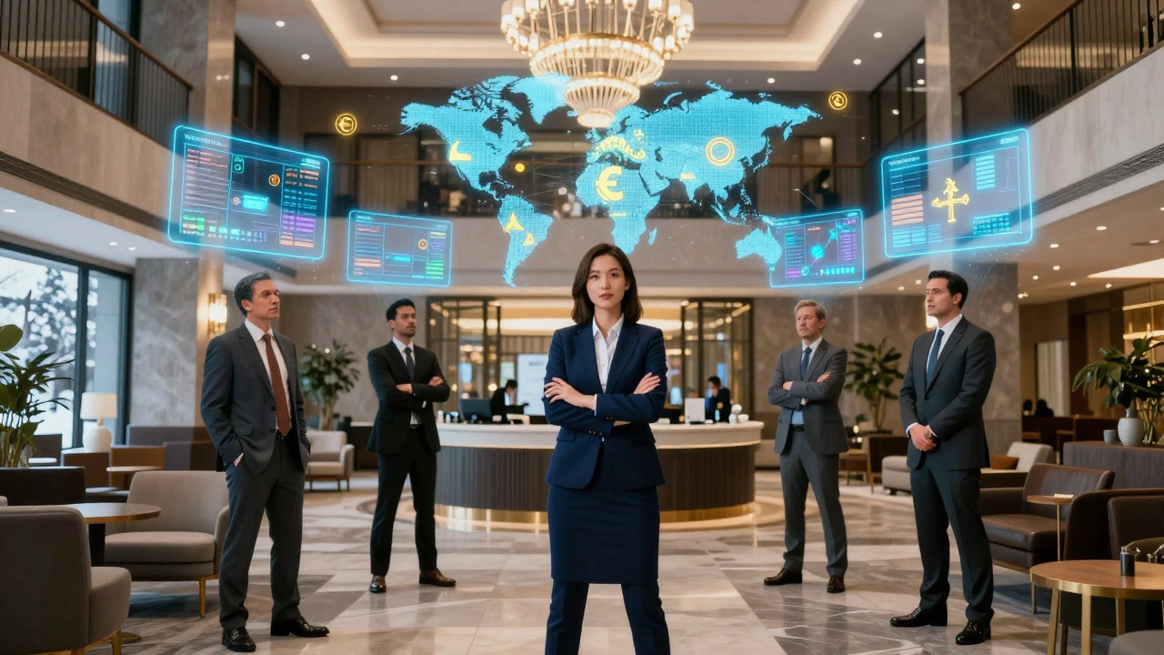 Executives and a sales agent negotiating a film deal in a luxury hotel lobby.